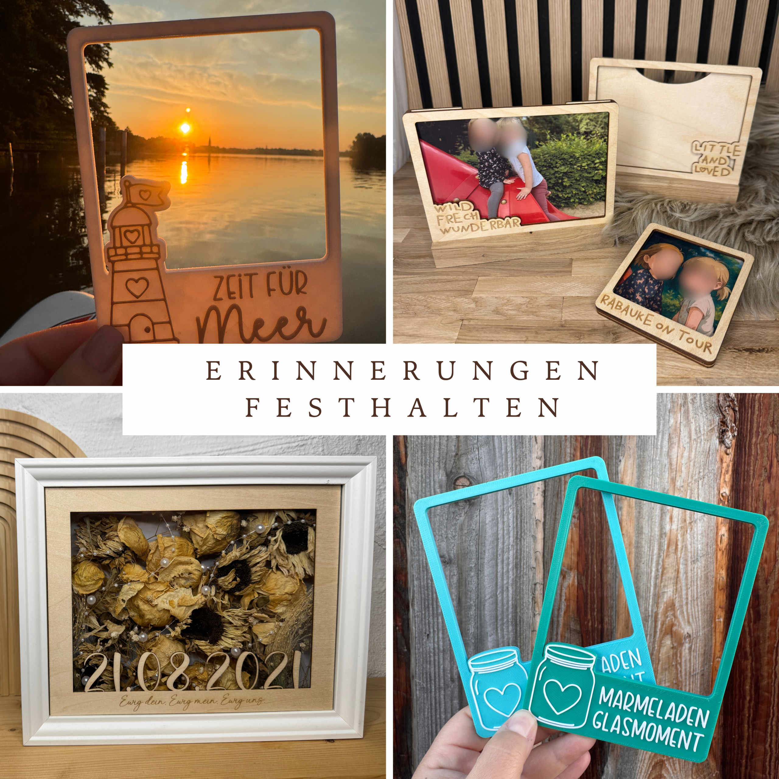 Erinnerungen festhalten 3er-Set Foto-Rahmen für Sofortbilder | Holz oder 3D-Druck | verschiedene Motive