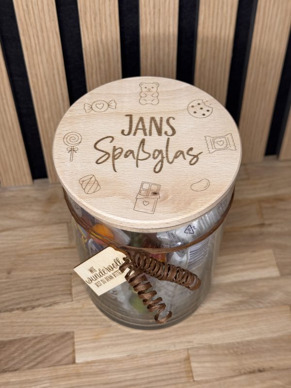Vorratsglas mit graviertem Holzdeckel – individuell personalisiert